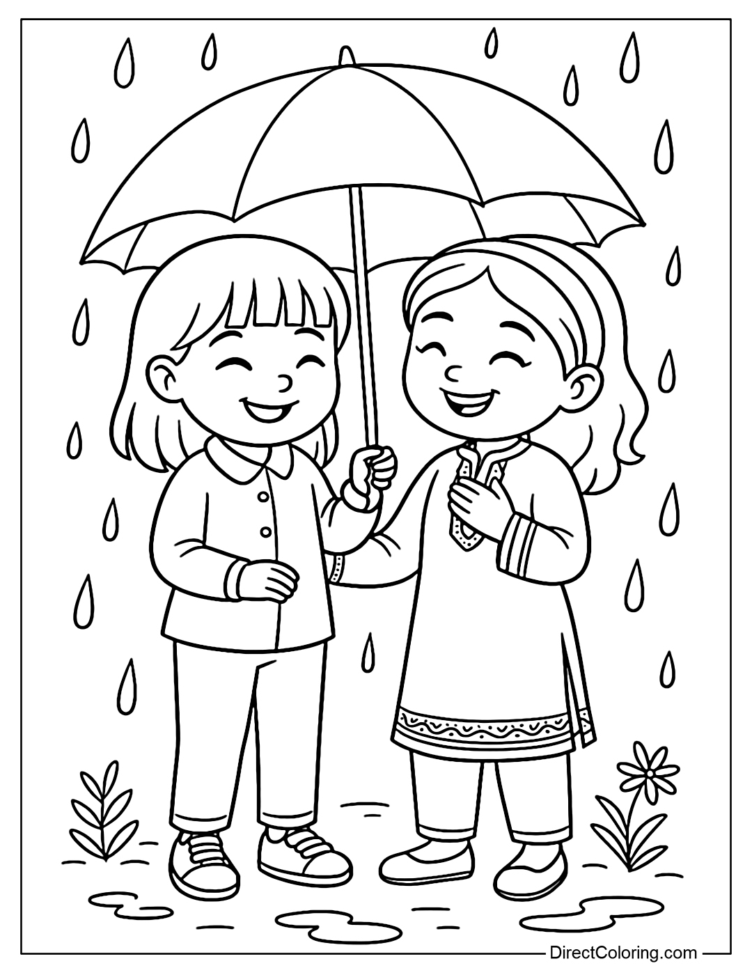 A coloring page of a child giving up an umbrella to a friend from another country in the rain, both smiling.